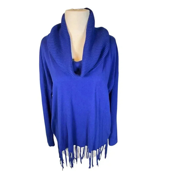 Michael Kors Women's OX Amalfi Blue Cowl Neck Long Sleeve Fringe Sweater Size L - Picture 6 of 12